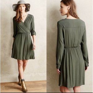 Anthropologie Maeve Dress Lene Faux Wrap Olive Green Roll Tab Sleeves Size L